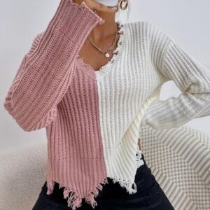 SHEIN Two-Tone Frayed V-Neck Sweater